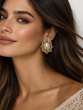 Vintage Gold 80's Tone Sunburst Clip-On Earrings With Faux Pearl & Rhinestone